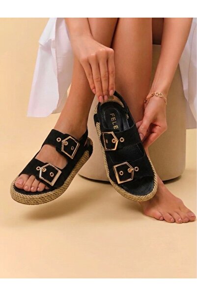 RMY SHOES Women's Black Double Buckle Straw Sole Daily Comfort Sandals