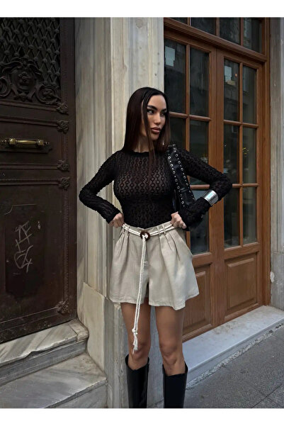 Caddebostan Moda شورت قصير مطوي عالي الخصر مع حزام شبكي، شورت صيفي أنيق للاست...
