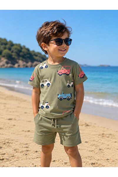 elzo collection Erkek Çocuk Haki Araba Baskılı T-shirt Haki Şort Alt Üst Takım