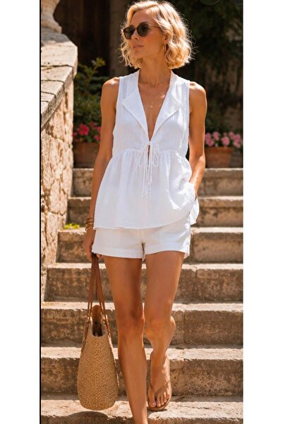 ibeeka - Sky Touch V-Neck Low-Cut Tie Detail Muslin Shirt - Blouse