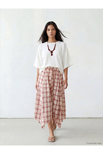 LC Waikiki Nevavm Plaid Asymmetrical Cut Skirt with Elastic Waist