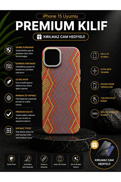 Kırılmaz Cam Hediyeli iPhone 15 Uyumlu Premium Desenli Telefon Kılıfı - Kamera Korumalı, Darbe Emici, Ultra İnce Lüks Tasarım