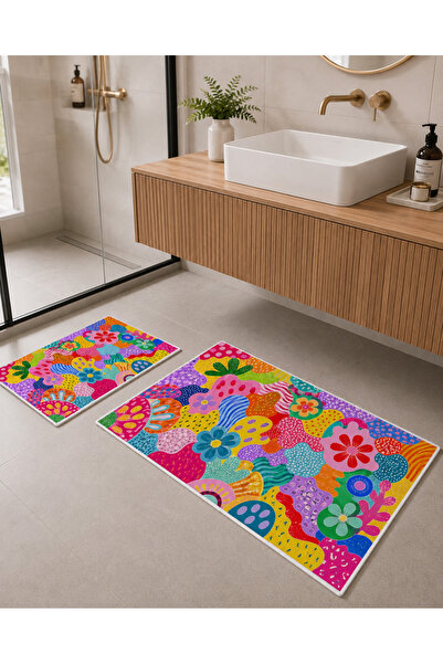 Evmila Colorful Floral Patterned Bath Mat Dot Base Velvet