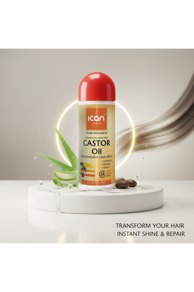 Ican London Hair Polisher Castor Oil Serum 207ml – Alcohol-Free Smoothening Hair Serum | Anti-Frizz, Shine Enhancing & Nourishing Hair Treatment