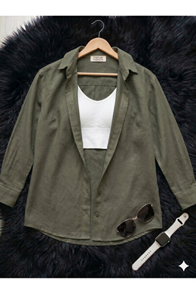 thefun fashion Women's Oversize Cut Woven Linen Long Sleeve Khaki Shirt 100% ...