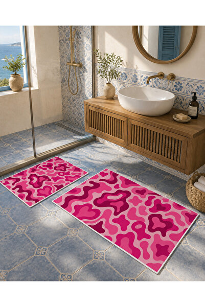 Evmila Fuchsia Pink Abstract Wave Patterned Bath Mat Dot Base Velvet