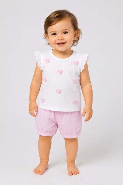 dinamik çocuk Baby Girl Heart Appliqued Summer 2-Piece Set with Scallop Sleev...