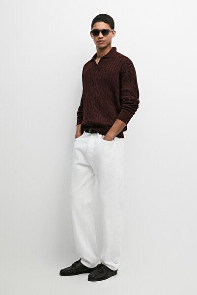 Massimo Dutti %100 Pamuklu Saç Örgülü Polo Yaka Kazak