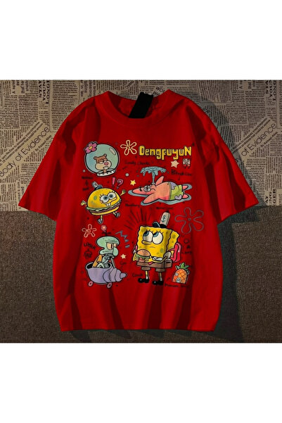 Vordevia Sponge Bob Printed White Oversize Unisex T-Shirt Basic Comfortable F...