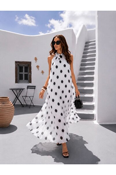 D'RECCY Rochie de damă din șifon plisat, cu guler halter, cu buline, rochie l...