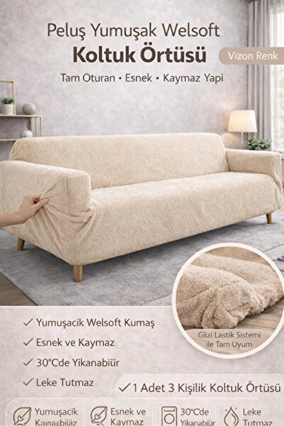 elyar Plush Plain 3-Seater Welsoft Sofa Cover |   Elastic Sofa Cover | Sofa B...