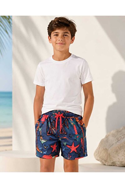 kidsense Boys' Navy Blue Tropical Patterned Lace-Up Zipper Pocket Swim Shorts