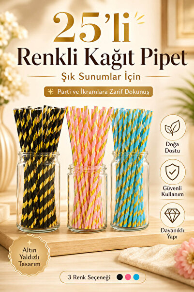 Anadolu Saray 25'li Renkli Kağıt Pipet Altın Yaldızlı Parti Doğum Günü İçecek...