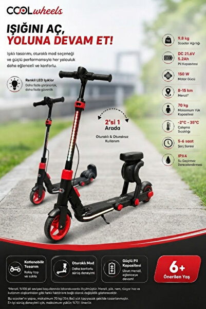 Cool Wheels Pro Led Işıklı Elektrikli Katlanabilir 150W Çocuk Scooter – 15KM ...