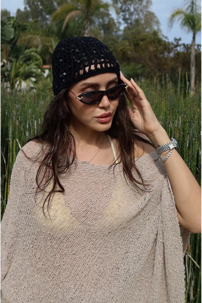 My Blog Black Sequined Hand Knitted Mesh Hat