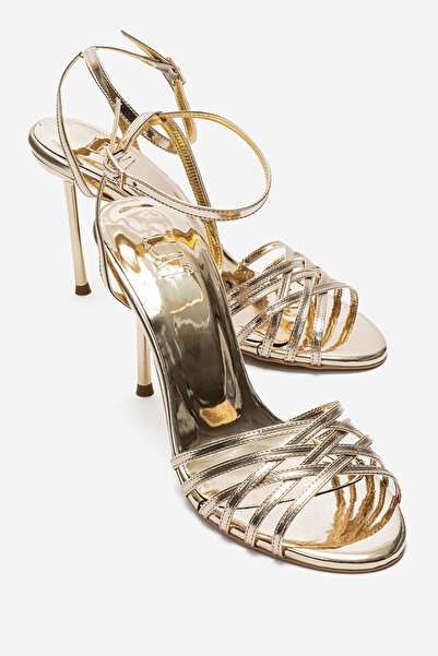 LuviShoes LORION Altın İnce Bantlı Kadın Topuklu Ayakkabı