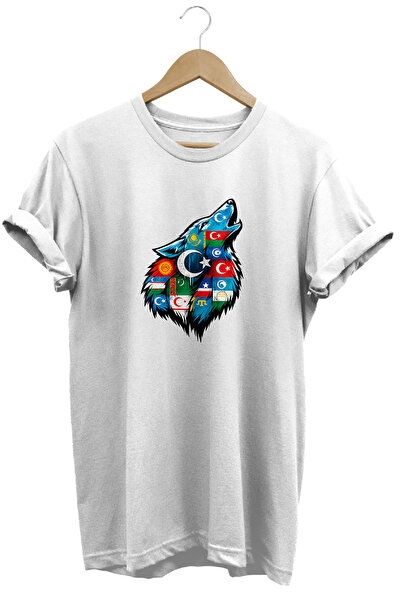 WİDİ Unisex Turkish States Flag and Bozkurt Printed Regular T-Shirt