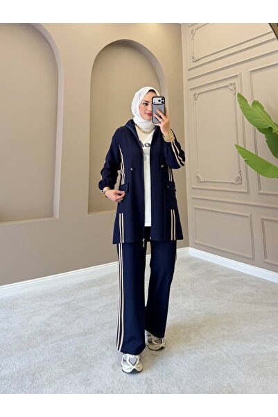moda4b طقم نسائي من 3 قطع من قماش الكريب المزدوج، سترة طويلة بسحاب وتي شيرت و...