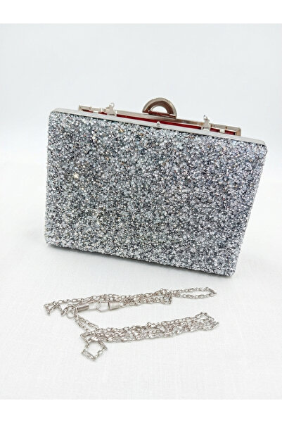Gümüş Taşlı Abiye Clutch El Çanta