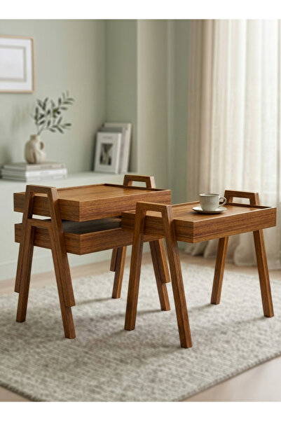 Cady One 3-Piece Wooden Serving Table, Serving Tray Table with Stable Legs an...