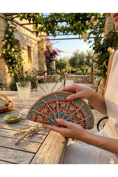 Ahşap Evi Kağıt İp Portföy Çanta Renkli Hasır El Çantası Portföy, Clutch Çanta