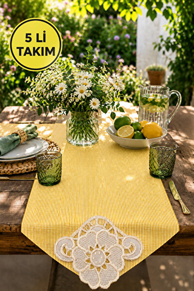 Lurji 5 Parça Sarı Pötikare Runner ve Kahve Sunumluk Seti – Dantel İşlemeli Ş...