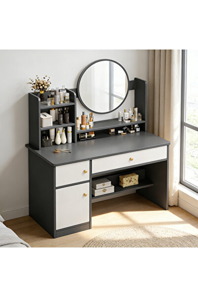 HI-FINE (is78)Modern Vanity Makeup Table with Round Mirror, Drawers & Multi-S...
