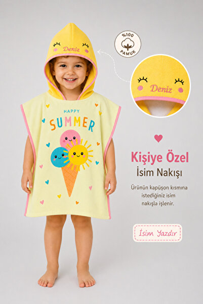 minilee children's happiness Happy Summer - İsimli Çocuk Kapşonlu Panço Havlu...