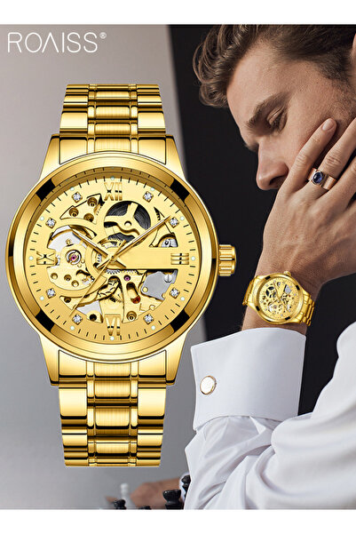 ROAISS Mens Stainless Steel Mechanical Watch Analog Round Gold Dial Hollow Pa...