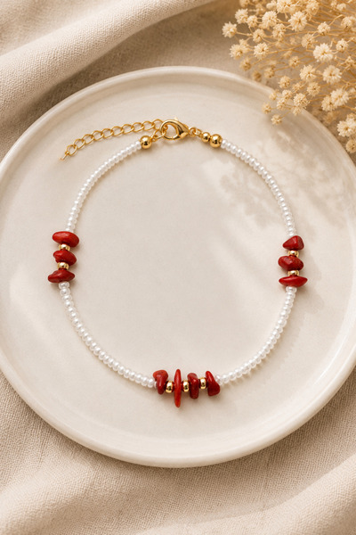 Zundesilver Metal Accessories White Beaded Red Broken Stone Anklet
