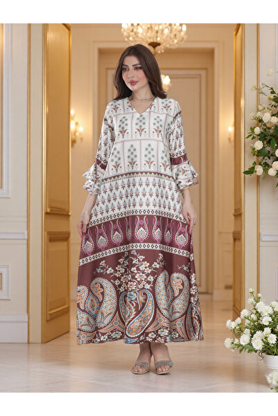 Finelook Ivory & Brown Paisley Printed Modest Dress with Flared Sleeves