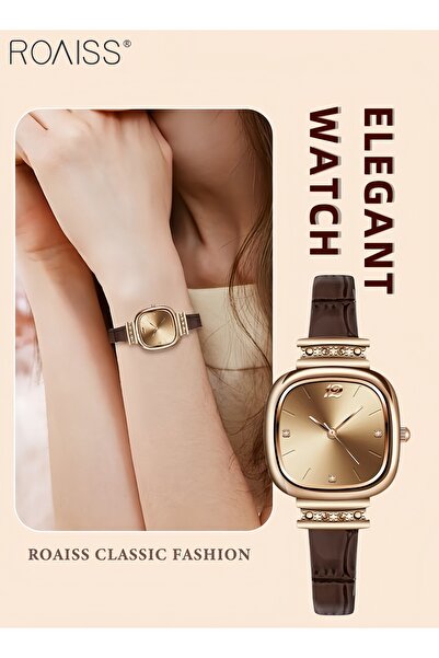 ROAISS Women’s Quartz Watch Leather Strap Square Dial with Rhinestone Detaili...