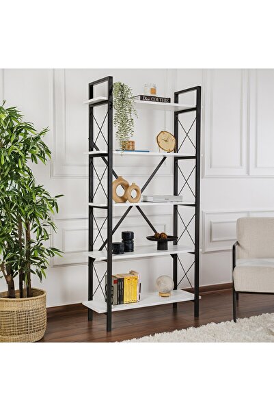 Rani Mobilya Rani Home Kitaplık Beyaz Raflı Siyah Metal Ayaklı 5 Raflı HC-5265