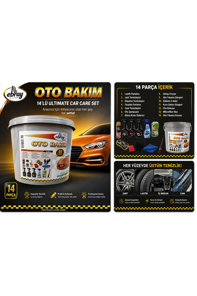 14 Parça Oto Bakım Temizlik Seti Kovalı Araç Yıkama ve Detay Temizlik Kiti