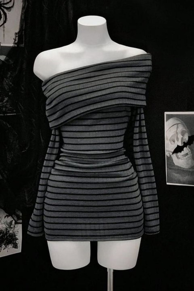 Genel Markalar Antrasit Siyah Çizgili Omuz Dekolteli Uzun Kollu Bodycon Elbise