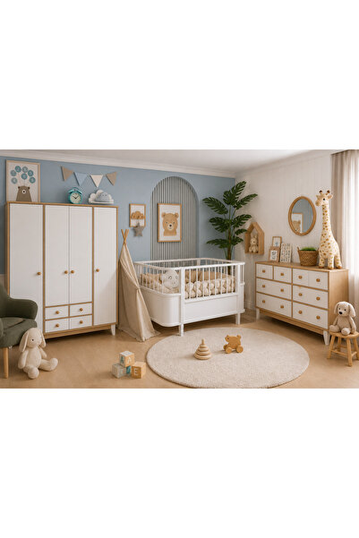 Koza %100 MDF Bonnie Ahşap Beyaz 4 Kapılı Dolap & Bonnie 8 Çekmeceli Şifonyer & 80x130 cm Büyüyen Beşik ( Sabit )