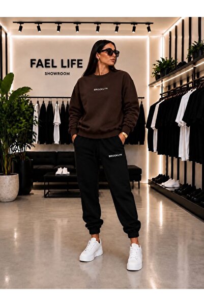 FAEL LİFE طقم رياضي واسع للجنسين بياقة دائرية وسروال رياضي مطبوع عليه بروكلين