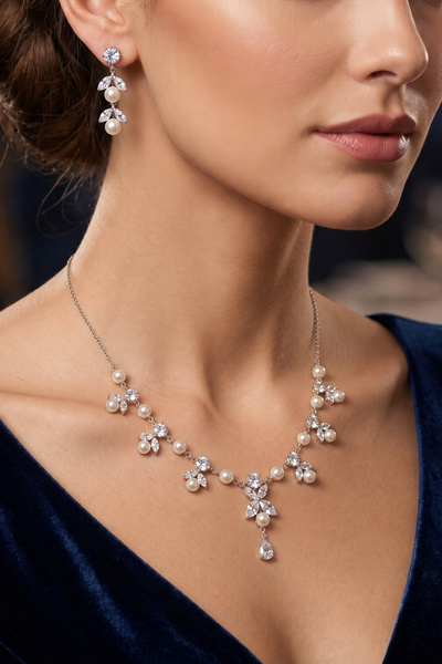 Otto Man Steel Jewelry Zirkon İncili Su Yolu Rodyum Kaplama Düğün Nişan Kolye...