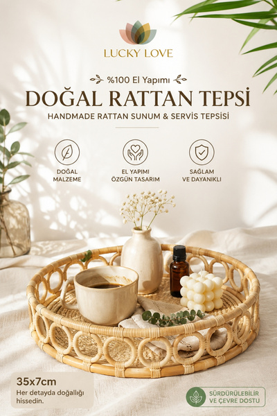 Lucky Love El Yapımı %100 Doğal Rattan Tepsi, Handmade Rattan Sunum Ve Servis...