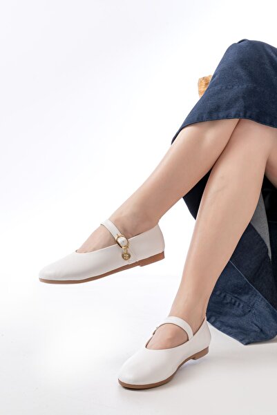 Zerenyus Zri̇n-324 White Helmet Buckle Daily Women's Ballerinas