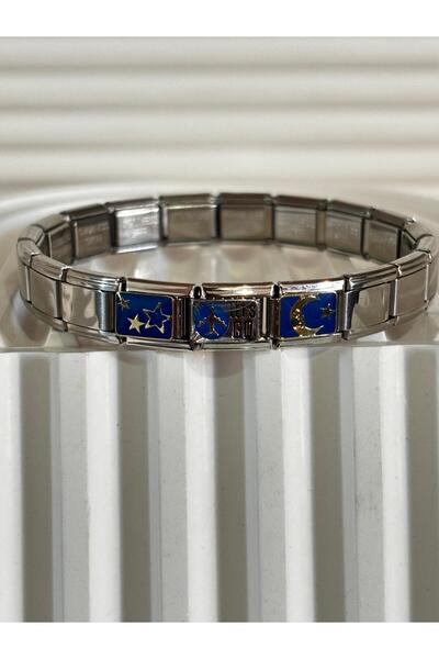 bijoux uniques gece serisi ay yıldız uçak çelik italyan charm bileklik