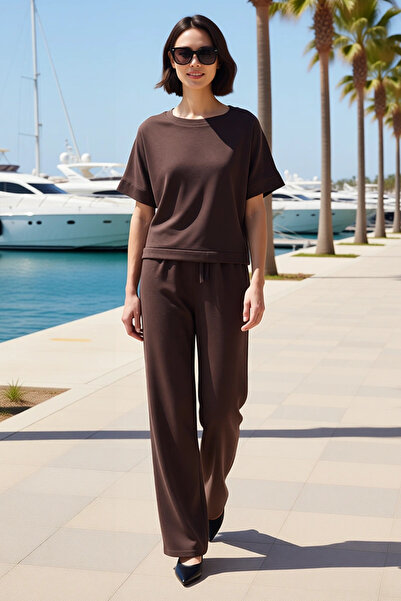 BENERLY Women's Soft Touch Knitted Suit Short Sleeve Crew Neck Wide Leg Long ...
