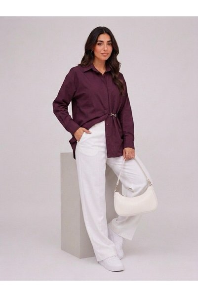 EMMAS CLOTHİNG Women's Poplin Shirt with Waist Buckle Detail