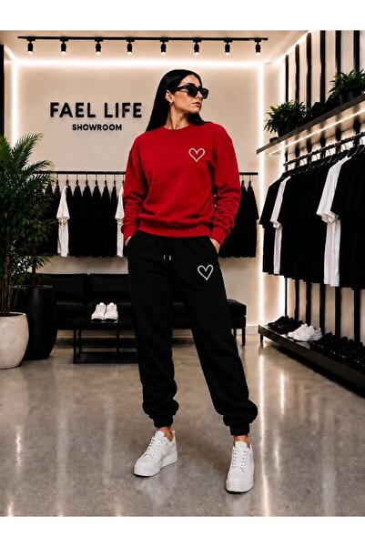 FAEL LİFE بدلة يونيسكس واسعة القصة بياقة دائرية وسروال رياضي مطبوع عليها قلب ...