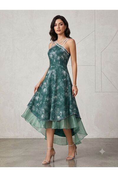 Pyramid masterpieces Green Chiffon and Satin Midi Evening Dress with Crossove...