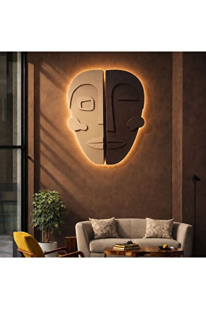 ZESİBA Led Işıklı Bohem İkili Ahşap Duvar Mask 3D Tasarım 80x50 cm, Ev, Ofis,...