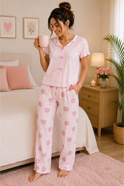 SERPİL Kadın Pembe Kalp Balon Desenli Pijama Takımı Kısa Kollu Rahat Ev Giyim