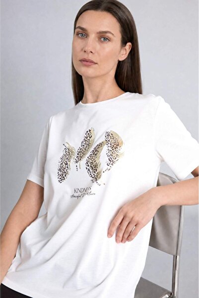 DeFacto Tricou Ecru cu mânecă scurtă, cu imprimeu, cu gât crew, croială norma...