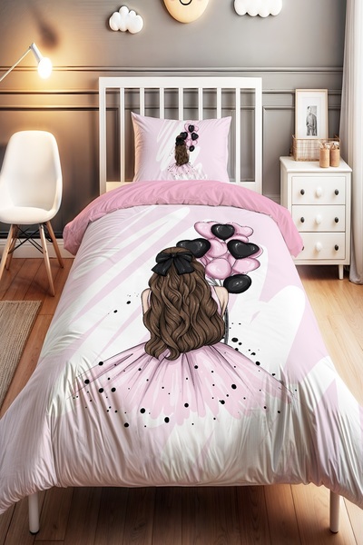 EVPANYA Black Balloon Girl Patterned Single Baby Kids Bedding Set