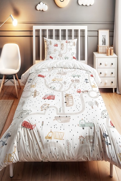 EVPANYA Road Patterned Cars Patterned Single Baby Kids Bedding Set